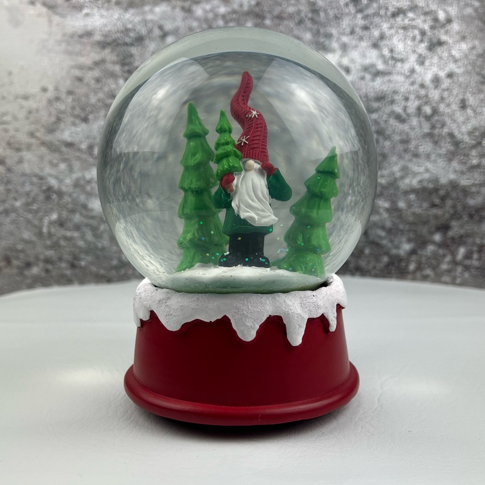 Gnome Santa musical Snow Globe with Gnome and Trees 
Great condition.